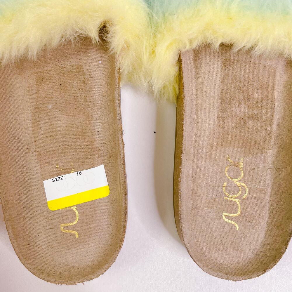 Sugar Bravoes Fuzzy Tie Dye Open Toe Slide Sandals Pastel Rainbow size 10 NEW - Picture 8 of 11